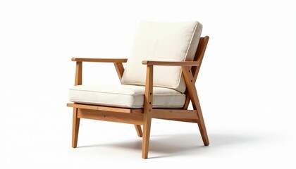 Fototapeta premium Modern wooden armchair with plush white cushion. Features clean lines, natural wood finish. This comfortable, minimalist chair offers cosy seating solution for any contemporary home or office space.