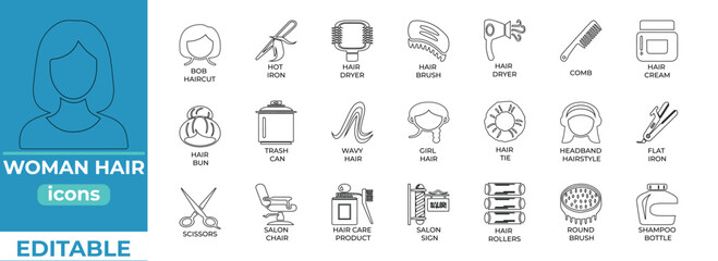 Clean editable woman hair vector icons line art ideal for beauty, fashion, salon, branding, and digital design