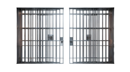 Steel prison gate with vertical bars on a white background