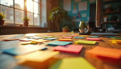 Fototapeta premium Creative workspace with vibrant sticky notes on wooden table. Warm sunlight streams through window, illuminating scattered papers. Plants, computer setup suggest productive, organized, inspiring