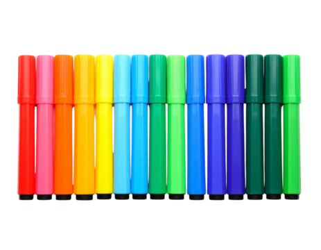  Bright Colorful Markers Laid Out in a Row, isolated on a white background