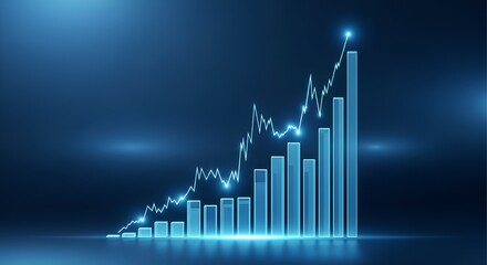 Glowing blue bar graph showing upward trend with sparkling lights and abstract financial data visualization