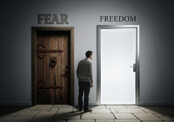 A man facing a difficult decision between the dark door of fear and the bright door of freedom