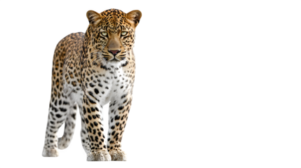 Leopard standing and looking forward on a white background