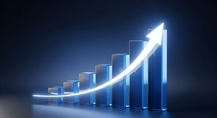 Glowing blue arrow curves upward over reflective metallic bars representing financial growth and success