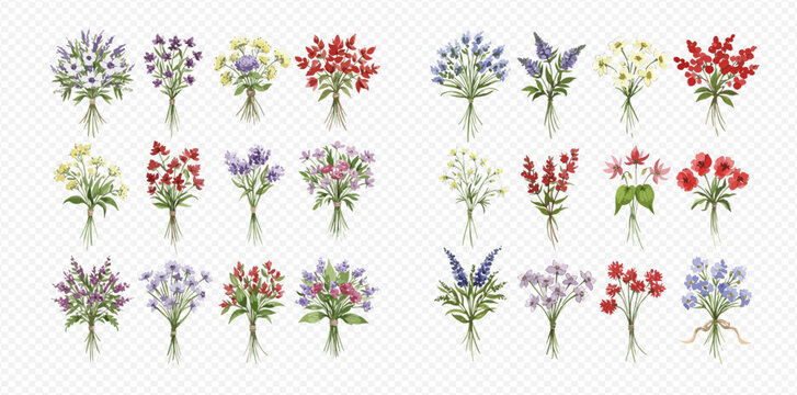 A large collection of twenty-four colorful, illustrated flower bouquets arranged in a grid on a transparent background.