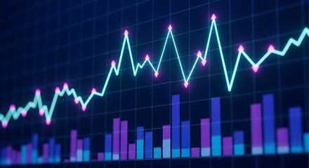 Glowing neon financial stock market graph with rising trend and bar chart on dark background