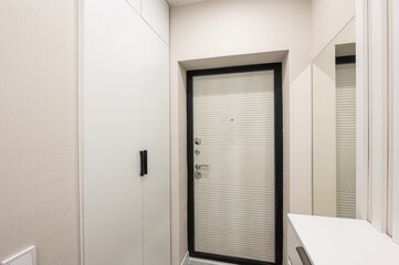 Hallway interior with a white wardrobe, textured front door with a black frame, and a glimpse of a mirror. Neutral color palette