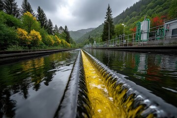 Industrial wastewater treatment system handling colorful effluent in a natural setting