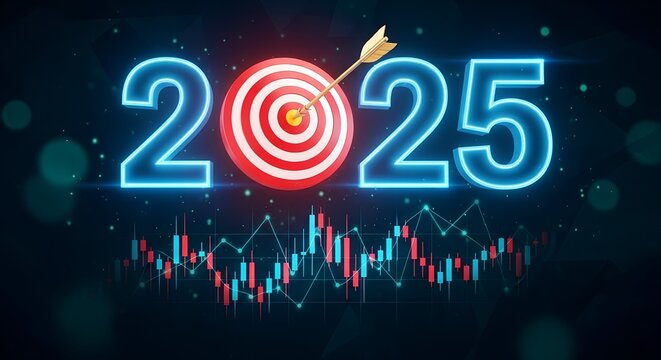 Neon glowing 2025 with bullseye target and arrow hitting the center above stock market graph