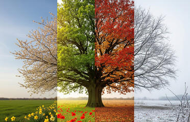 a single tree changing through the four seasons of the year