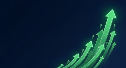 Green arrows ascend upwards against a dark blue background symbolizing growth and success