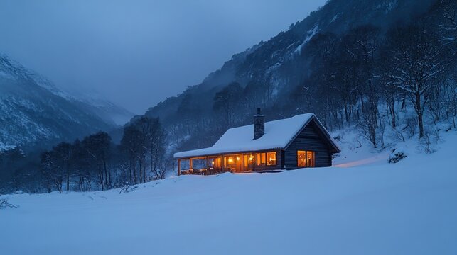 Cozy cabin nestled in snowy mountains at twilight - Powered by Adobe