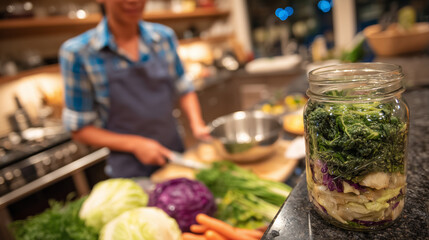 Wide shot of a bright kitchen where healthy ingredients cover the countertop: beets, carrots, cabbage, and herbs. A family prepares dinner while a clean glass jar filled with fresh