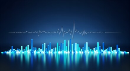 Abstract glowing blue digital cityscape with light streaks and reflections on a dark background