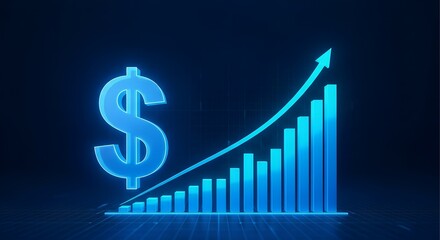 Glowing blue dollar sign and upward trending bar graph representing financial growth and economic success