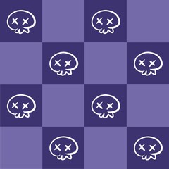 Seamless pattern of cute hand-drawn skull icons on a purple checkerboard background. Ideal for Halloween-themed designs, digital papers, fabric prints, wrapping paper, party invitations, and decoratio