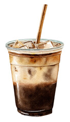 A glass of coffee with a straw watercolor clipart