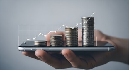 Hand holding smartphone displaying rising stacks of coins with upward trending financial graph overlay