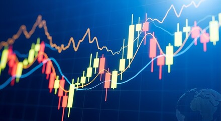 Close up of colorful stock market candlestick chart with upward trend and financial data on dark blue background