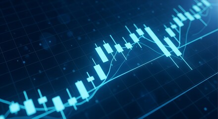 Abstract glowing blue financial stock market candlestick chart with upward trend on dark background