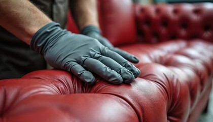 Craftsman wearing gloves meticulously restores red leather sofa upholstery in workshop. Focus on quality, detail, craftsmanship in furniture repair. Hand-made vintage piece preservation, maintenance