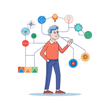 Creative man visualizing mind map with ideas and thoughts, concept of brainstorming, innovation, strategic thinking and mental planning