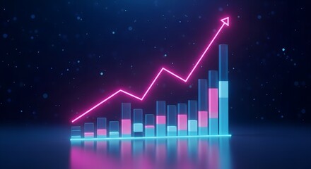 Futuristic neon graph showing upward trend and growth with digital data visualization on dark background