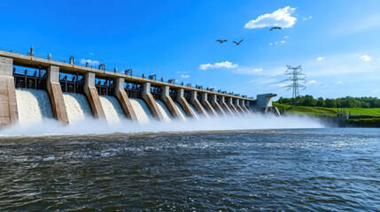 Scenic view of a large hydroelectric dam releasing water into a river under a blue sky with clouds and birds flying in the background