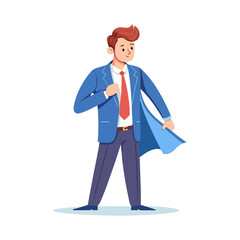 Confident businessman putting on blazer before important meeting – professional male getting ready for formal office work or business event