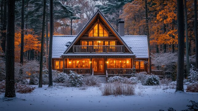 Cozy log cabin in winter woods
