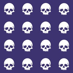 Seamless pattern featuring white skull icons on a dark purple background. Perfect for Halloween designs, gothic themes, digital papers, fabric prints, gift wraps, party invitations, and spooky decorat