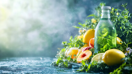 Obraz premium Iced green beverage glass bottle fresh peaches, lemons, mint a wet surface. Perfect summer refreshment themes.