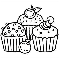 Cheerful Hand Drawn Cupcake Trio Black and White Whimsical Dessert Delights for Coloring Books and Sweet Themed Illustrations