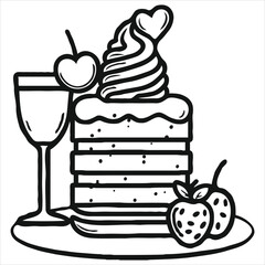 Whimsical Dessert Still Life Cake and Drink Illustration Sweet Treats Black and White Art