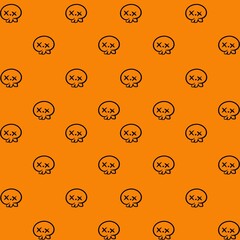 Seamless pattern featuring adorable cartoon skull icons with crossed eyes on a bright orange background. Perfect for Halloween-themed designs, party invitations, digital scrapbooking, fabric prints, 