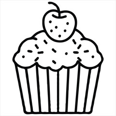 Whimsical Cupcake Illustration with Cherry Topping Delightful Dessert Graphic with Simple Black and White Lines, perfect for children's books