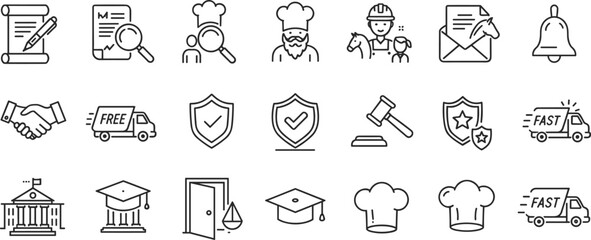 
Education, law, chef, food delivery icons with graduation cap, courthouse, gavel, chef hat, fast delivery truck, handshake