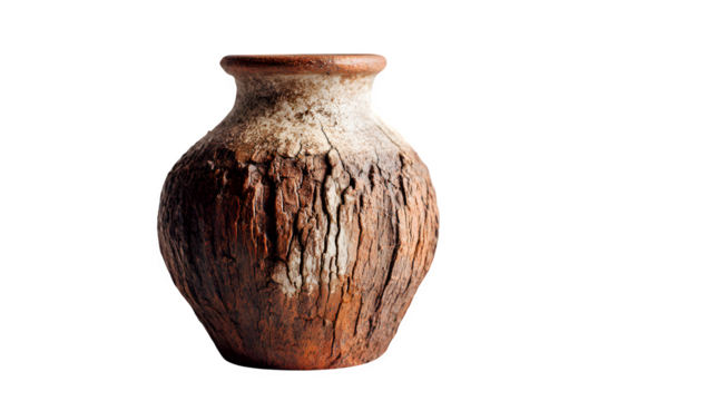 Handmade clay vase or pot with rustic texture on a white background