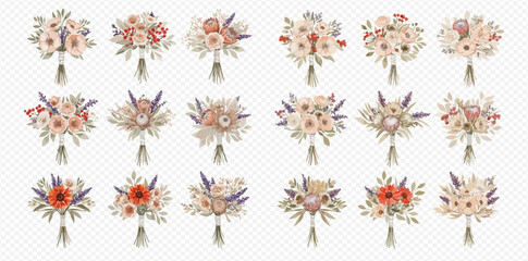 A collection of eighteen rustic bohemian wedding bouquets with roses, pampas grass, and other dried flowers.