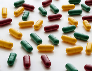 tablets and capsules, Assorted Pills and Capsules on White Background in Natural Light with copy text space