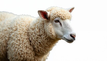 White sheep portrait with dense wool coat looking sideways against bright white background. Clean image highlights livestock farming, wool production. Sheep represent domestic animals, rural