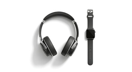 Over-ear headphones and a sleek smartwatch arranged on a clean white surface, promoting modern