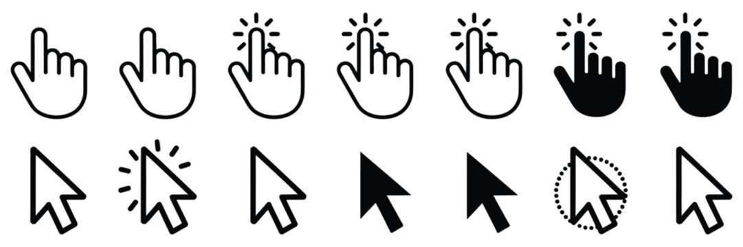 Computer mouse click cursor icon set featuring hand pointer and arrow pointer vector icons
