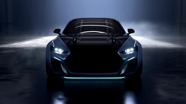 Sports car, neon lights and futuristic design with glowing headlights in dark garage for speed, concept vehicle and innovation in automotive technology, modern luxury and performance style