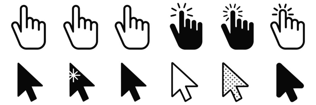 Computer mouse click cursor icons with hand pointer and arrow pointer styles