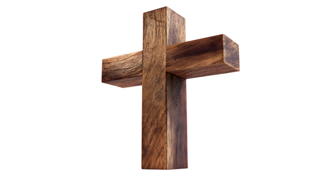 Wooden Christian cross standing upright on a white background