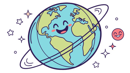 Cartoon earth with a cute smiling face surrounded by stars and a small smiling planet icon nearby