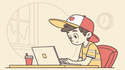 Illustration of a boy with a cap using a laptop at a desk with a drink near a window and a clock on the wall