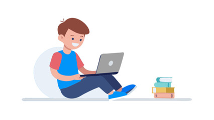 A cartoon boy sitting on the floor using a laptop with books stacked next to him on a white background